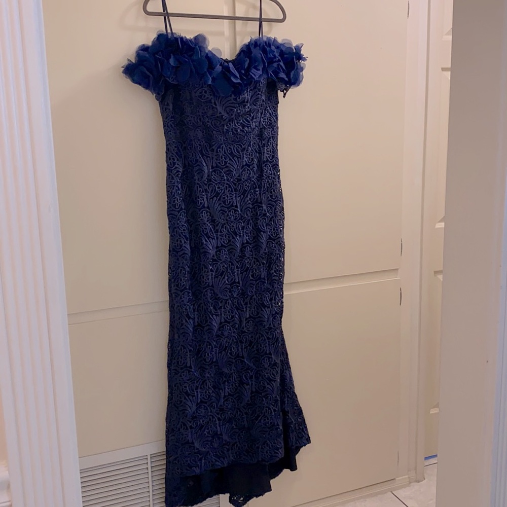 Lace navy blue dress off shoulder full length with a little train